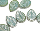 12x16mm Blue green glass leaf beads Side drilled White wash czech glass - 6pc