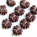 11x13mm Brown Red maple leaf bead Czech glass leaves Golden inlays - 10Pc
