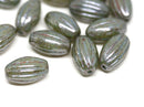 14x8mm Green Gray oval Picasso finish Carved Large czech glass rustic barrel beads - 8Pc