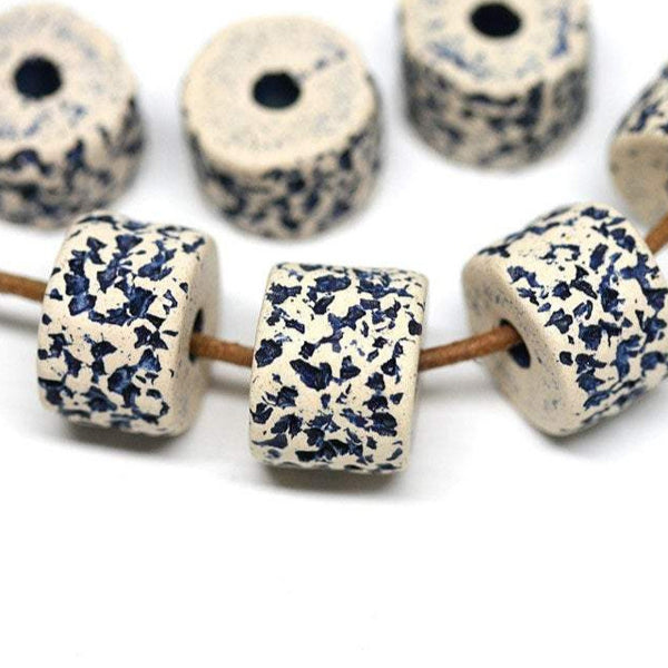 13mm Beige Black ceramic tube beads 3mm hole 4pc