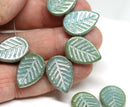 12x16mm Blue green glass leaf beads Side drilled White wash czech glass - 6pc