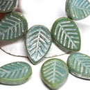 12x16mm Blue green glass leaf beads Side drilled White wash czech glass - 6pc