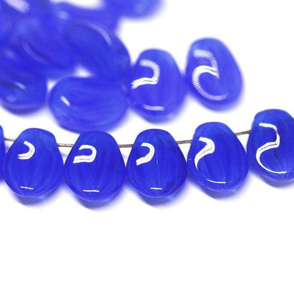 30Pc Cobalt Blue petal drop Czech glass beads, Mixed Blue flower - 6x8mm
