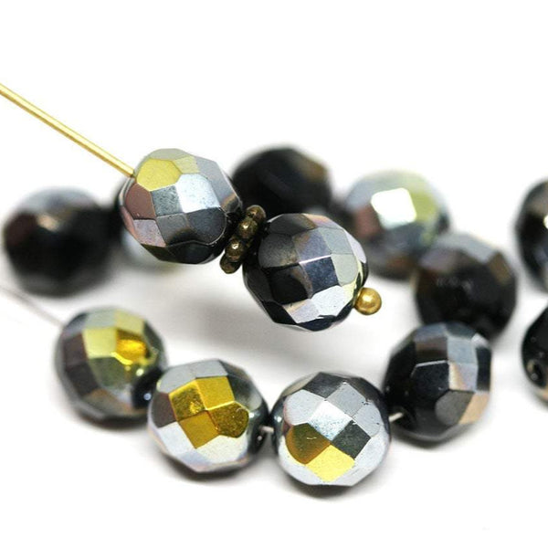 8mm Black glass beads Gold Silver coating fire polished beads - 15pc