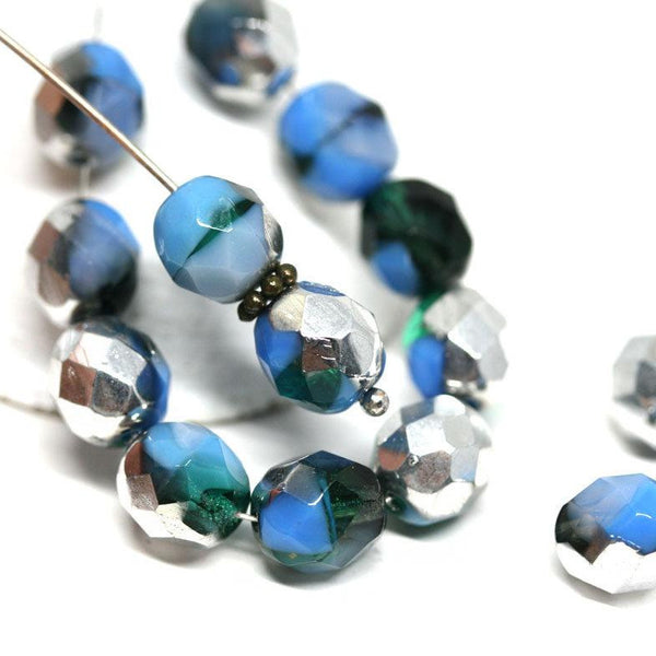 8mm Blue Silver round Czech glass Teal Green Blue mixed color fire polished faceted beads 15Pc