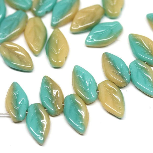 10x6mm Blue Beige leaf Czech glass beads - 40Pc