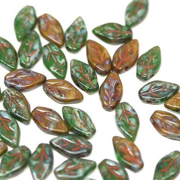 10x6mm Green Brown leaf Czech glass beads - 40Pc