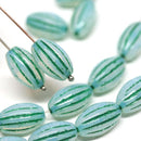 14x8mm Opal Green oval сarved Large czech glass green barrel beads 8Pc