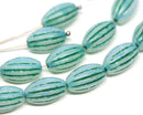 14x8mm Opal Green oval сarved Large czech glass green barrel beads 8Pc