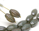 14x8mm Green Gray oval Picasso finish Carved Large czech glass rustic barrel beads - 8Pc