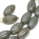 14x8mm Green Gray oval Picasso finish Carved Large czech glass rustic barrel beads - 8Pc