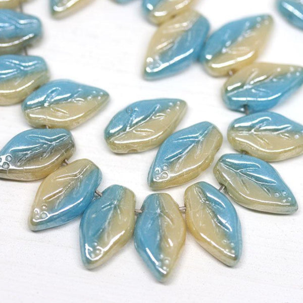 10x6mm Blue Beige lustered leaf Czech glass beads - 40Pc