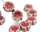 14mm Red pansy flower czech glass beads pale grey daisy - 6Pc