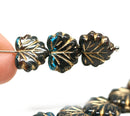 11x13mm Dark teal black leaf beads Golden inlays Czech glass Maple leaves - 10Pc