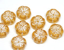 12mm Yellow Pansy flower beads Czech glass Amber Yellow white inlays daisy - 10pc
