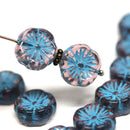 12mm Purple Pansy flower Czech glass beads, Blue inlays daisy - 10pc