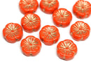 12mm Orange Pansy flower Czech glass beads Gold wash - 10pc