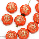 12mm Orange Pansy flower Czech glass beads Gold wash - 10pc