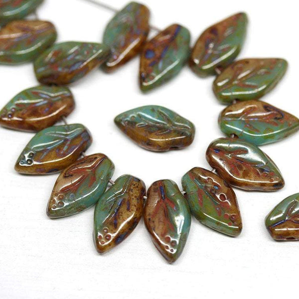 10x6mm Turquoise and Brown leaf bead Picasso czech glass - 40Pc