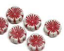 14mm Red pansy flower czech glass beads pale grey daisy - 6Pc