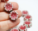 14mm Red pansy flower czech glass beads pale grey daisy - 6Pc