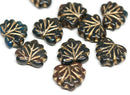 11x13mm Dark teal black leaf beads Golden inlays Czech glass Maple leaves - 10Pc
