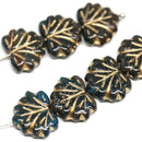 11x13mm Dark teal black leaf beads Golden inlays Czech glass Maple leaves - 10Pc