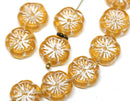 12mm Yellow Pansy flower beads Czech glass Amber Yellow white inlays daisy - 10pc