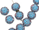 12mm Purple Pansy flower Czech glass beads, Blue inlays daisy - 10pc