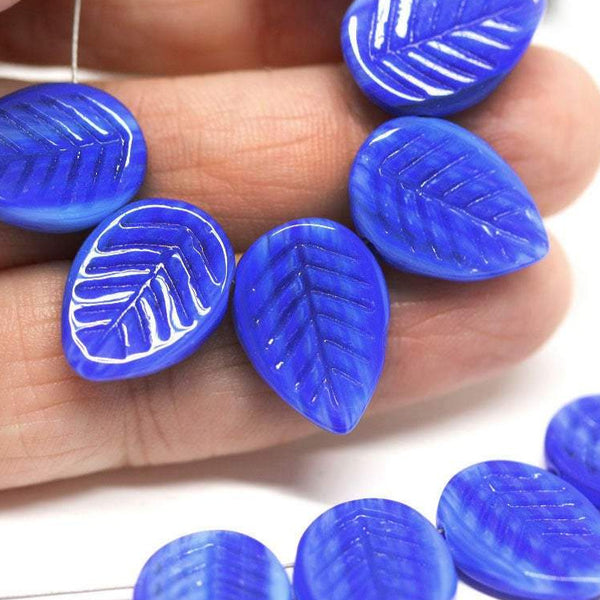 12x16mm Dark Blue Side drilled leaf czech glass pressed beads - 10pc