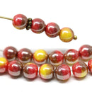 6mm Red yellow czech glass round beads with luster 30Pc