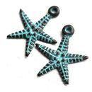 4pc Starfish charms, Green patina copper 26mm