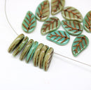 14x9mm Mixed green czech glass leaves, copper inlays, 15pc