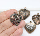 4pc Antique copper Filigree heart charms