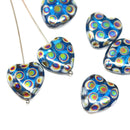15mm Fancy heart, aqua blue czech glass beads, AB finish - 6Pc