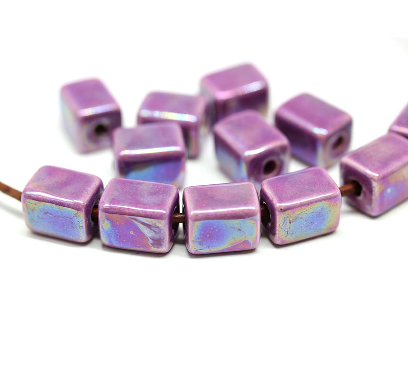 11x8mm Purple rectangle ceramic beads, AB finish, 2mm hole, 6pc