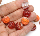 12Pc Red orange shell beads, Czech glass seashell nautilus