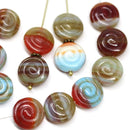 12Pc Red blue shell beads, Czech glass