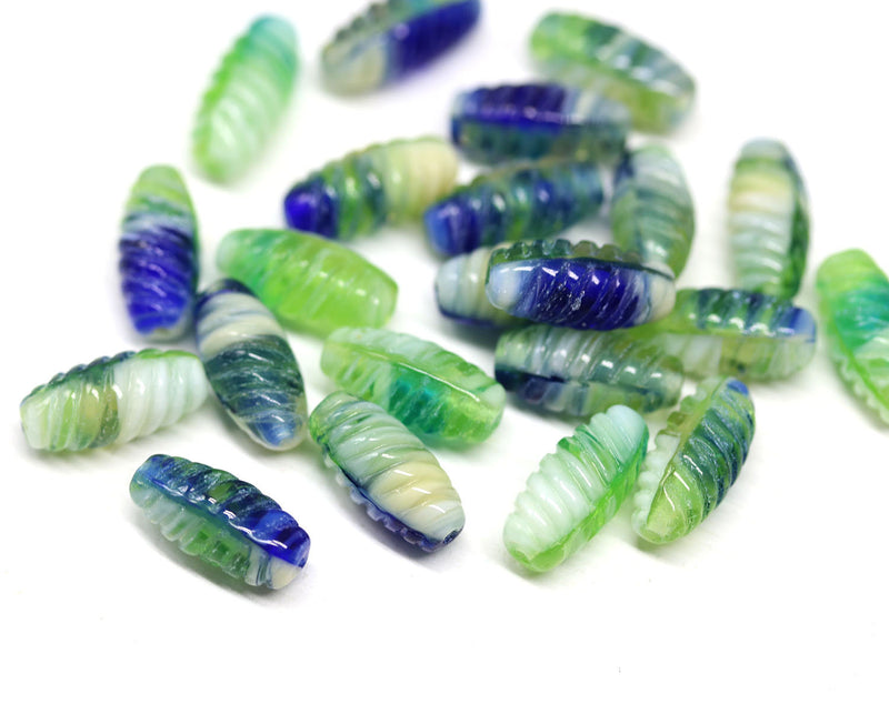 14x7mm Blue green beads mix, long barrel czech glass oval beads 25Pc