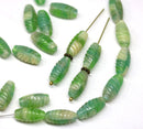 14x7mm Green beige long barrel czech glass beads, mixed color 25Pc