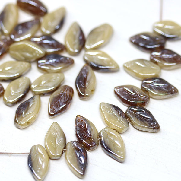10x6mm Beige brown leaf Czech glass beads - 40Pc