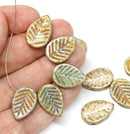12x16mm Picasso czech glass leaf beads, Brown green side drilled leaves 6pc