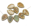 12x16mm Picasso czech glass leaf beads, Brown green side drilled leaves 6pc