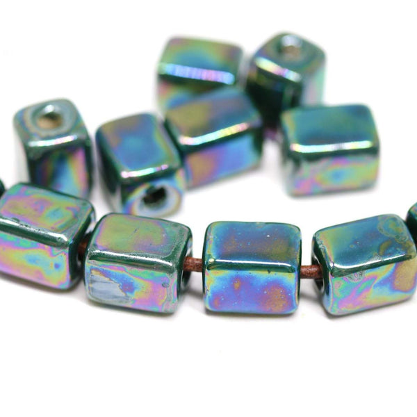 11x8mm Dark green rectangle ceramic beads, AB finish, 2mm hole, 6pc