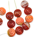 12Pc Red orange shell beads, Czech glass seashell nautilus