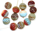 12Pc Red blue shell beads, Czech glass