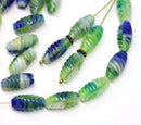 14x7mm Blue green beads mix, long barrel czech glass oval beads 25Pc