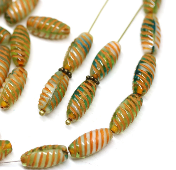 14mm Green orange beads mix, long barrel czech glass oval beads 25Pc