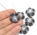 22mm Black large czech glass flower beads, Silver wash 3pc