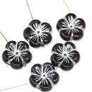 22mm Black large czech glass flower beads, Silver wash 3pc